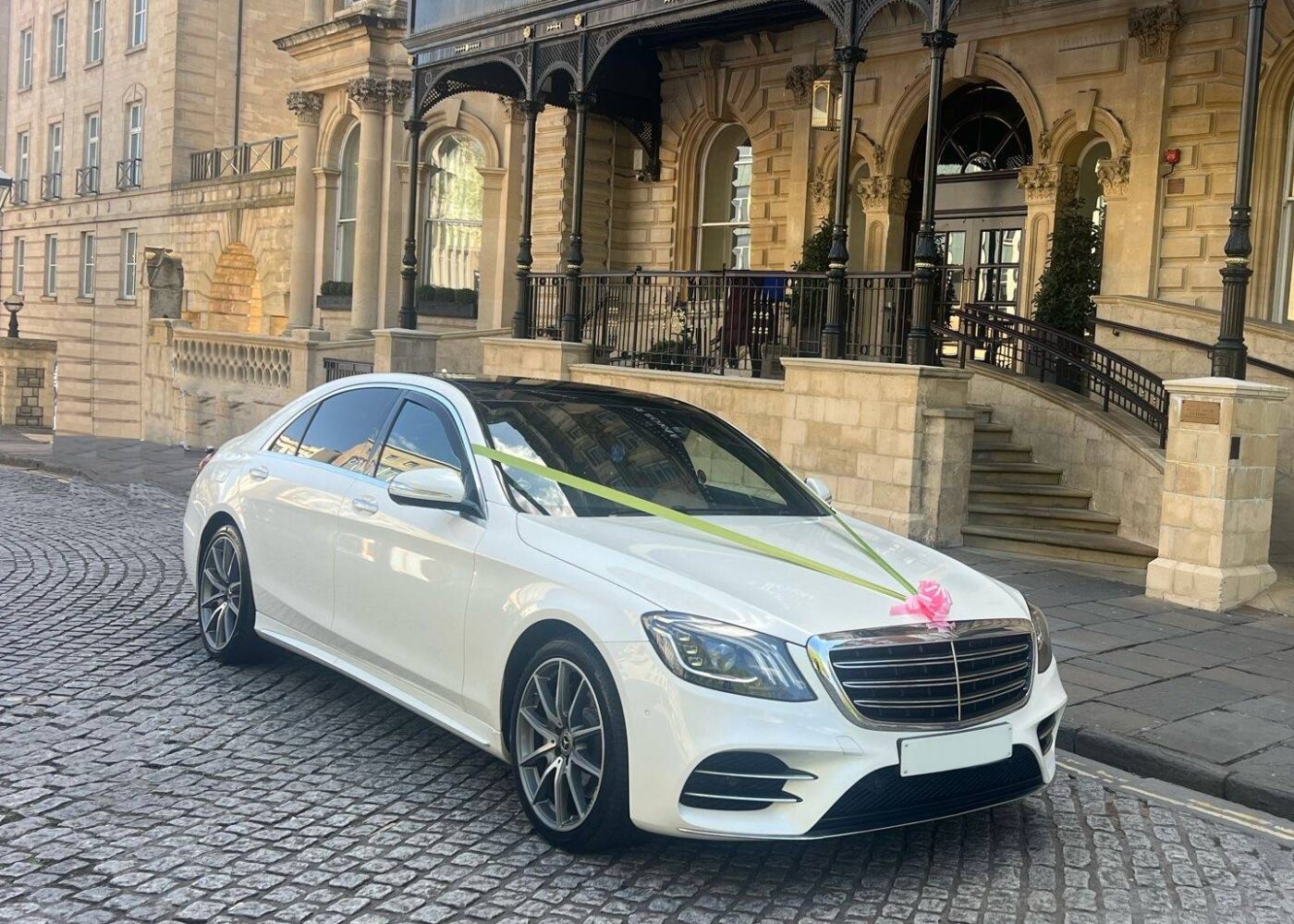 White wedding car - S-class Mercedes at a Bristol hotel